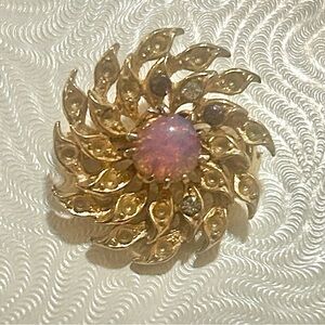 Gold Pink Opal Swirl Brooch with Purple Stone Pin